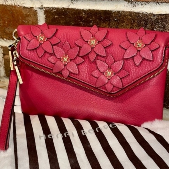 Henri Bendel Red Debutante Asymmetric Clutch Wristlet with Floral Appliqué - Picture 2 of 13